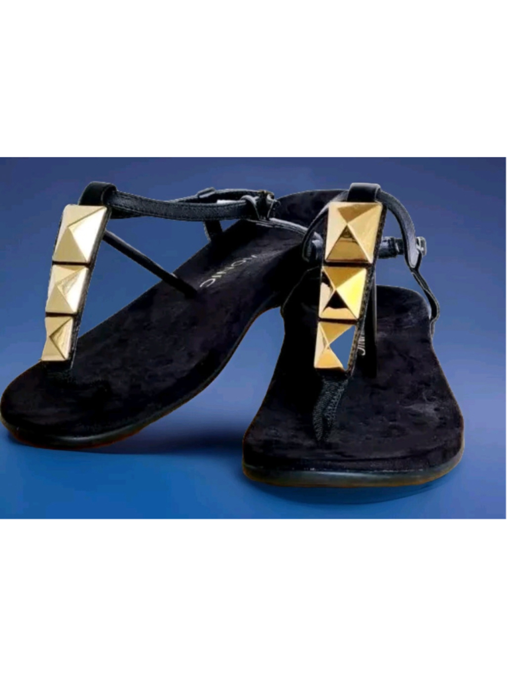 VIONIC-NALA-Exotic Gold Pyramid Shape On Thong T-Strap Sandals Black Straps-Sz 7
